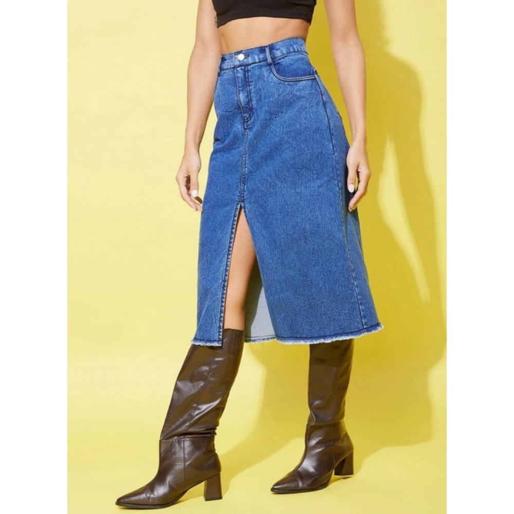 Women’s Blue Solid Denim Buttoned Calf-Length Skirt