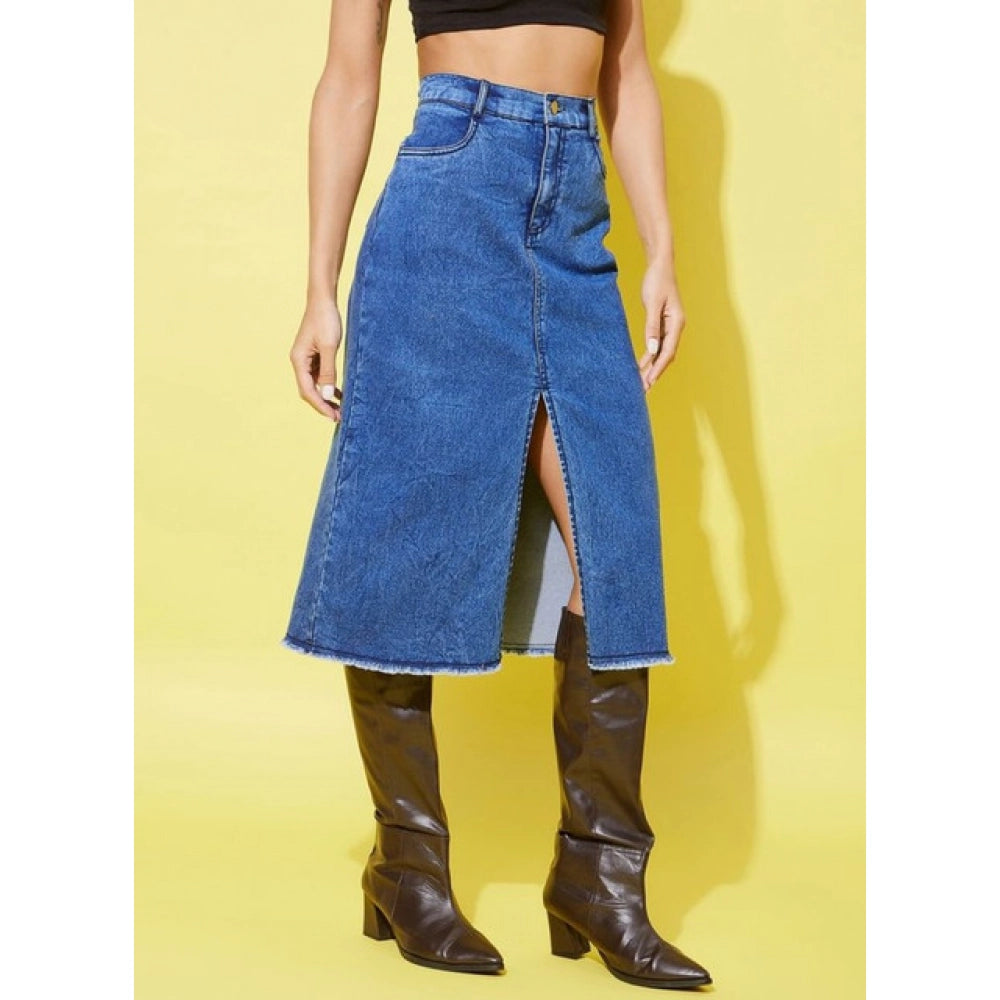 Women’s Blue Solid Denim Buttoned Calf-Length Skirt