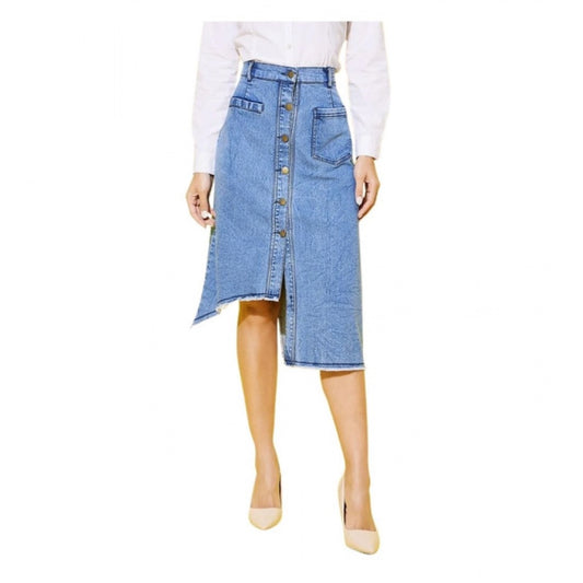 Women’s Blue Denim Hi-Lo Buttoned Knee-Length Skirt