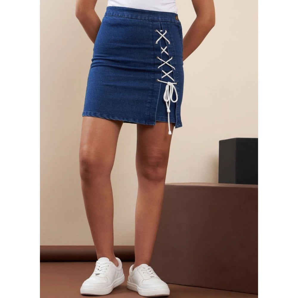 Women’s Blue Denim Lycra Button Mini Skirt