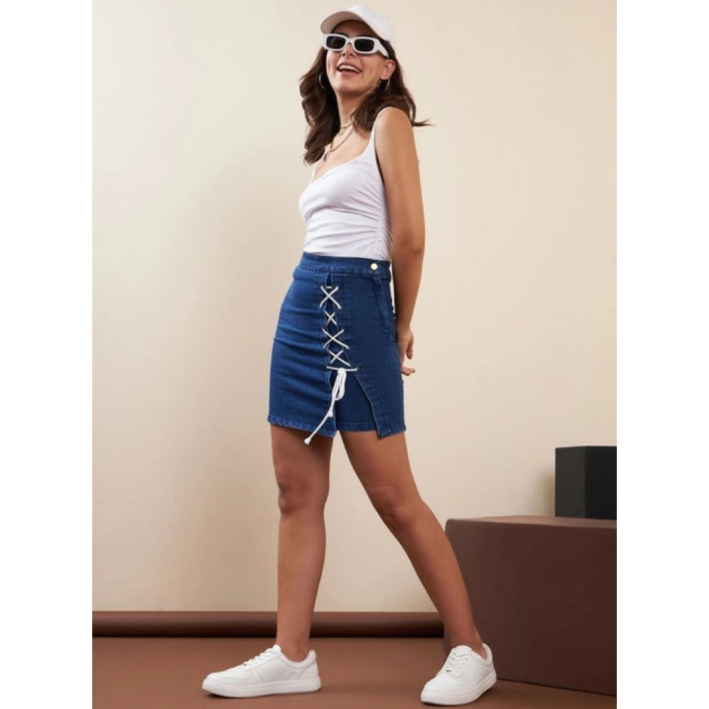 Women’s Blue Denim Lycra Button Mini Skirt