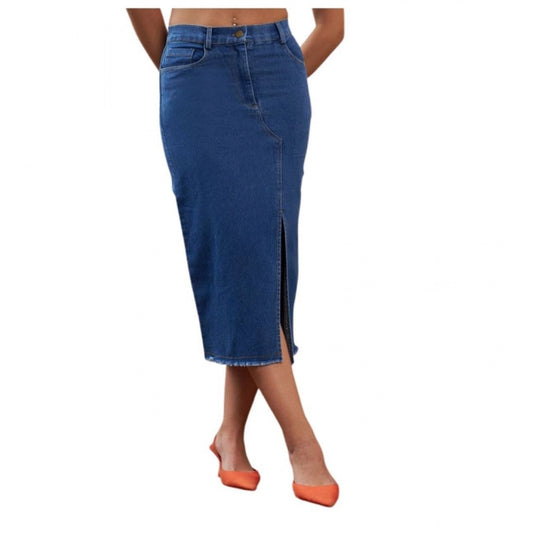 Women’s Blue Denim Lycra Button Calf-Length Skirt