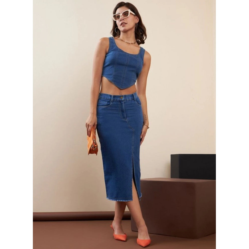 Women’s Blue Denim Lycra Button Calf-Length Skirt