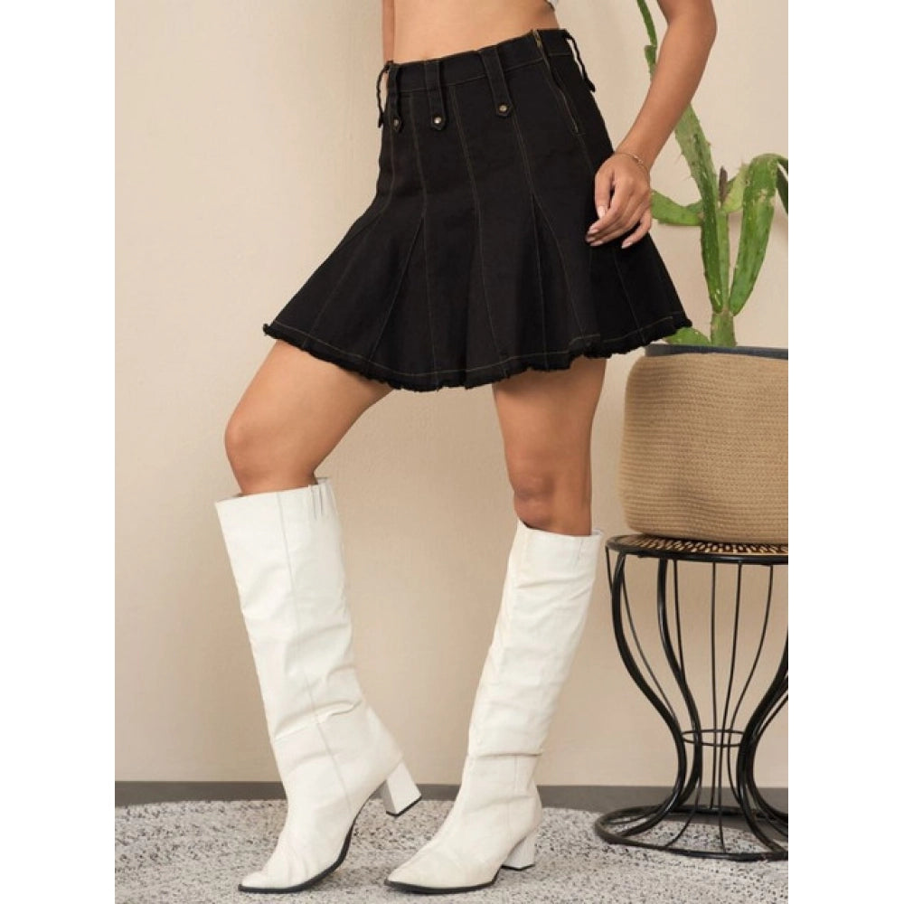 Women’s Washed Denim Buttoned Mini Skirt – Black