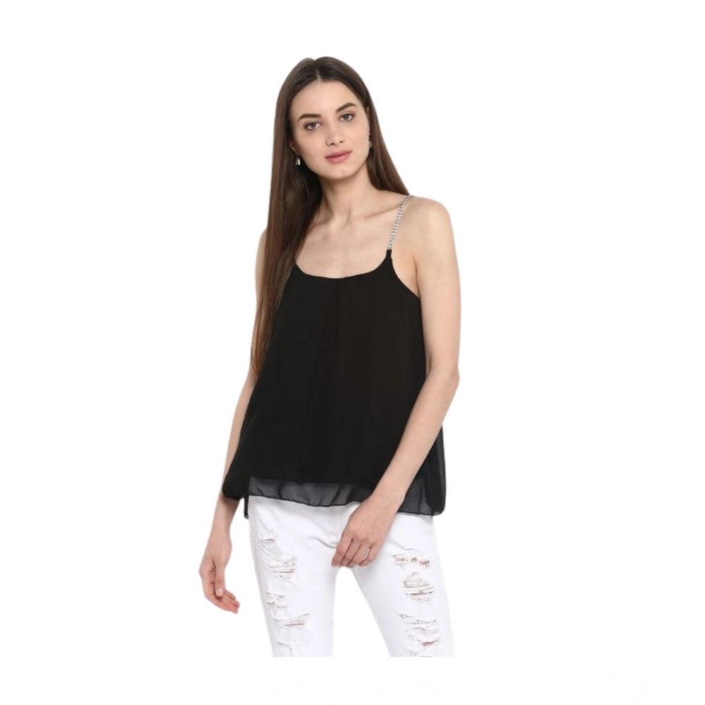 Women's Polyester Embellished Shoulder Strap Casual Top – Black | Elegant Party Wear