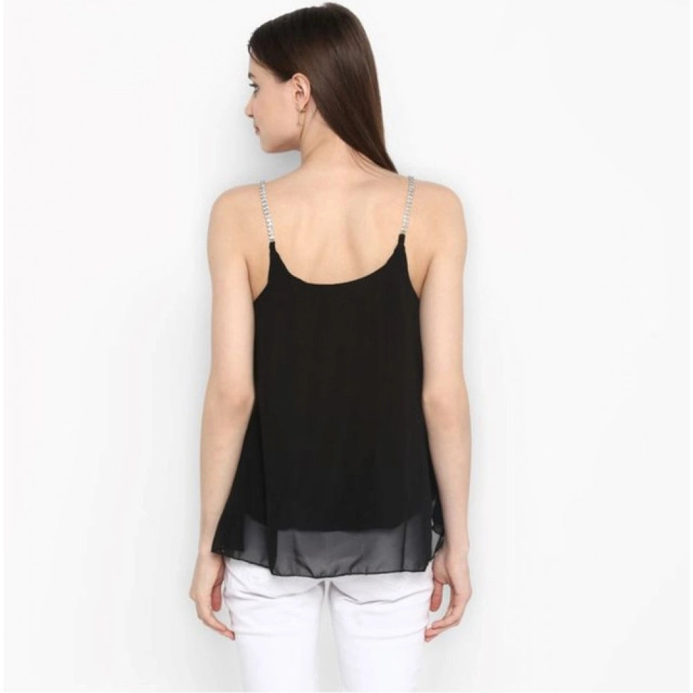 Women's Polyester Embellished Shoulder Strap Casual Top – Black | Elegant Party Wear
