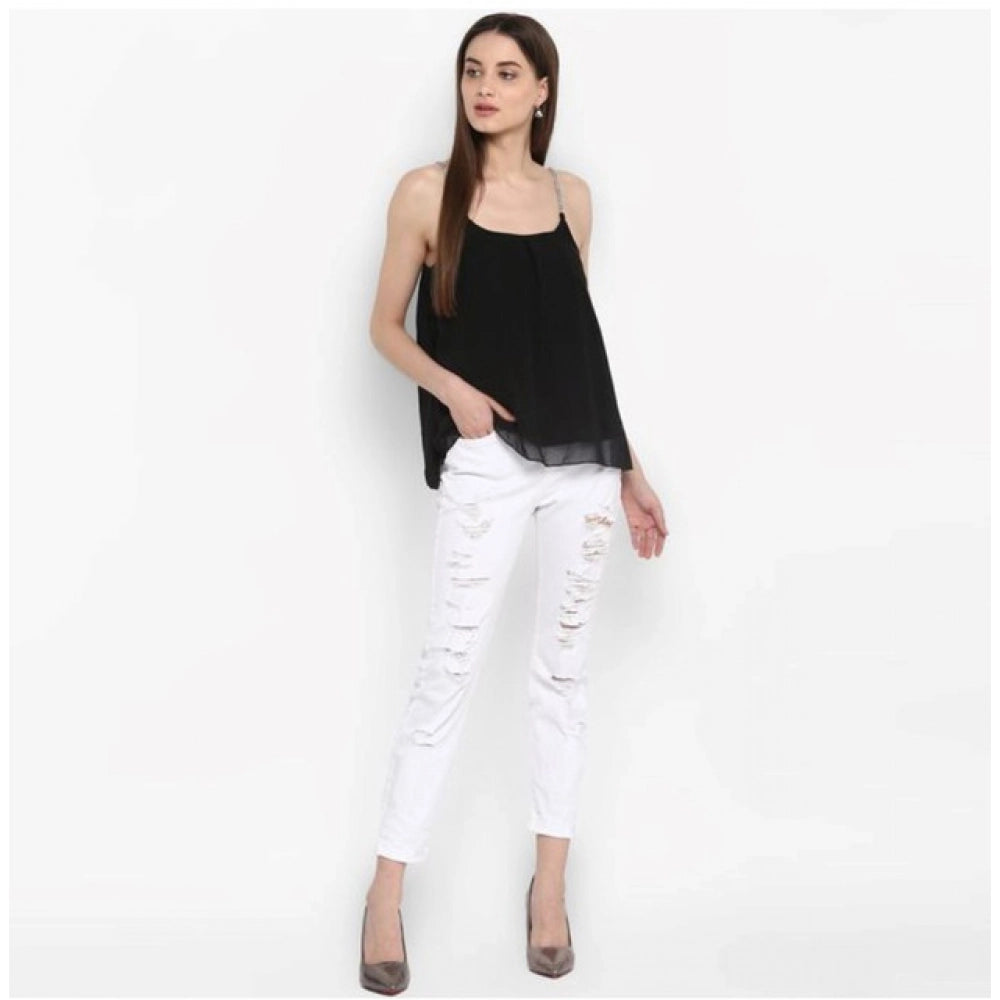 Women's Polyester Embellished Shoulder Strap Casual Top – Black | Elegant Party Wear