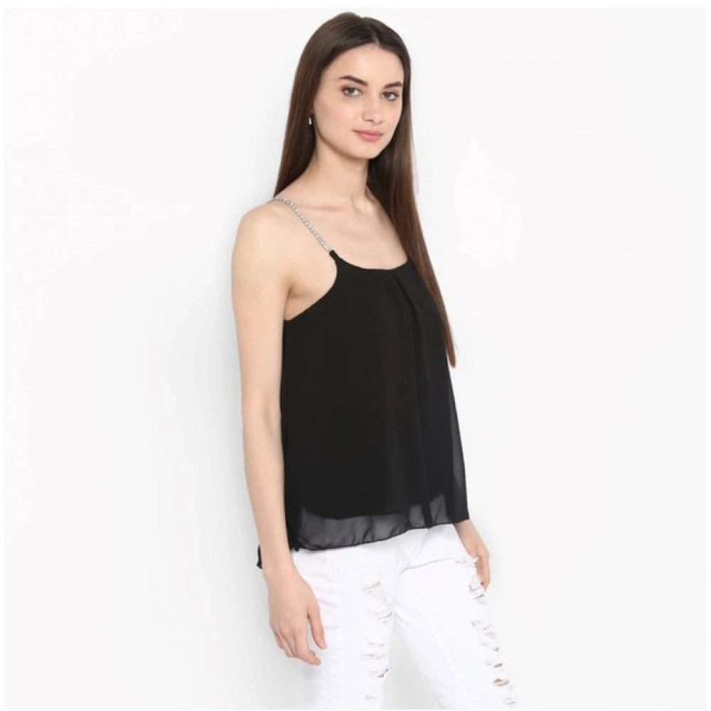 Women's Polyester Embellished Shoulder Strap Casual Top – Black | Elegant Party Wear