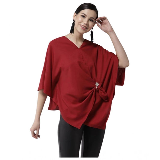 Women's Red Solid Cape Sleeve Top – Stylish Polyester Casual Wear