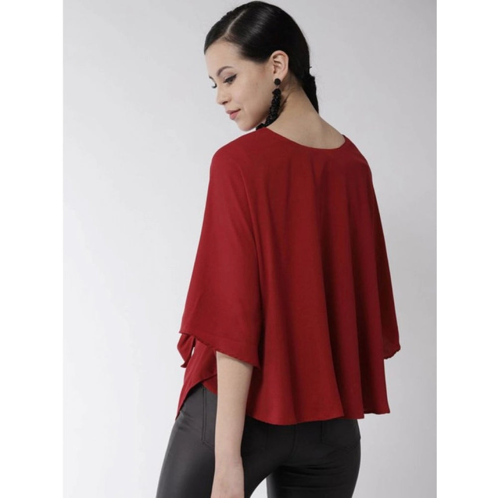 Women's Red Solid Cape Sleeve Top – Stylish Polyester Casual Wear