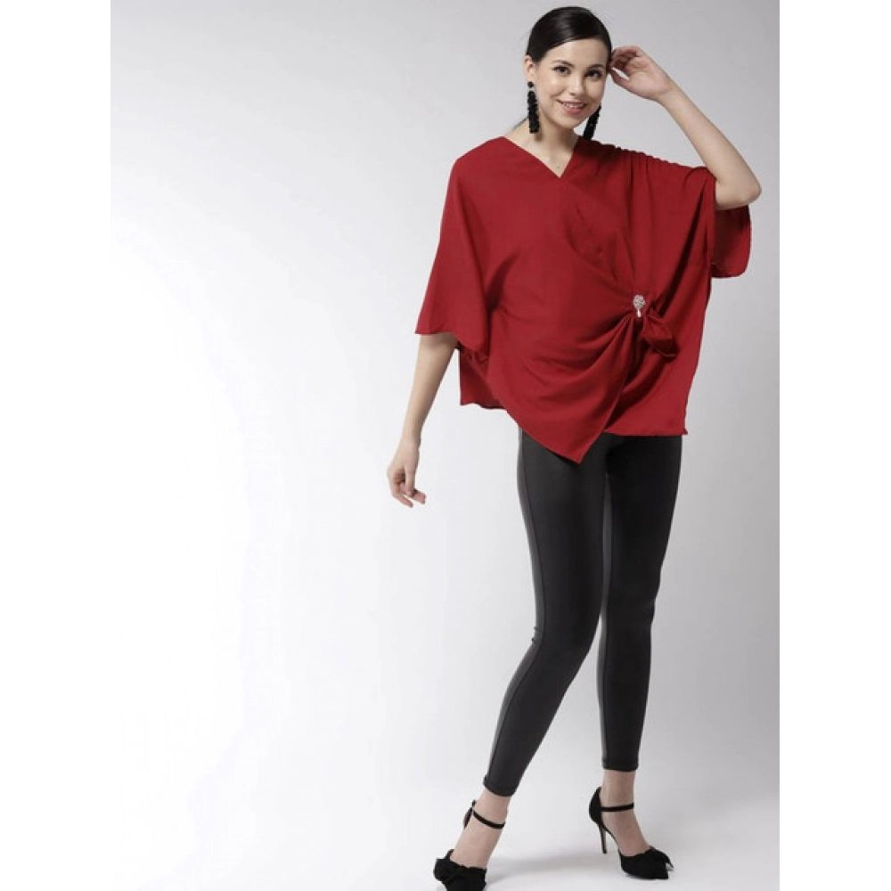 Women's Red Solid Cape Sleeve Top – Stylish Polyester Casual Wear