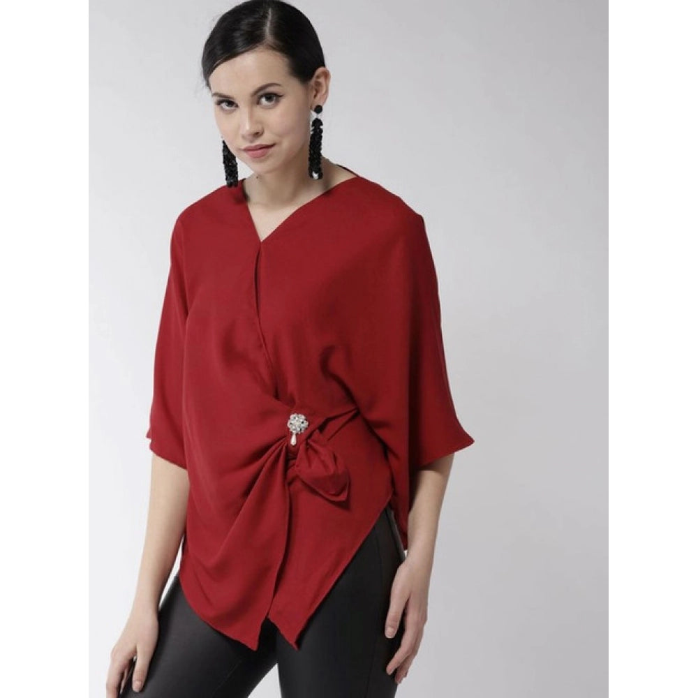 Women's Red Solid Cape Sleeve Top – Stylish Polyester Casual Wear