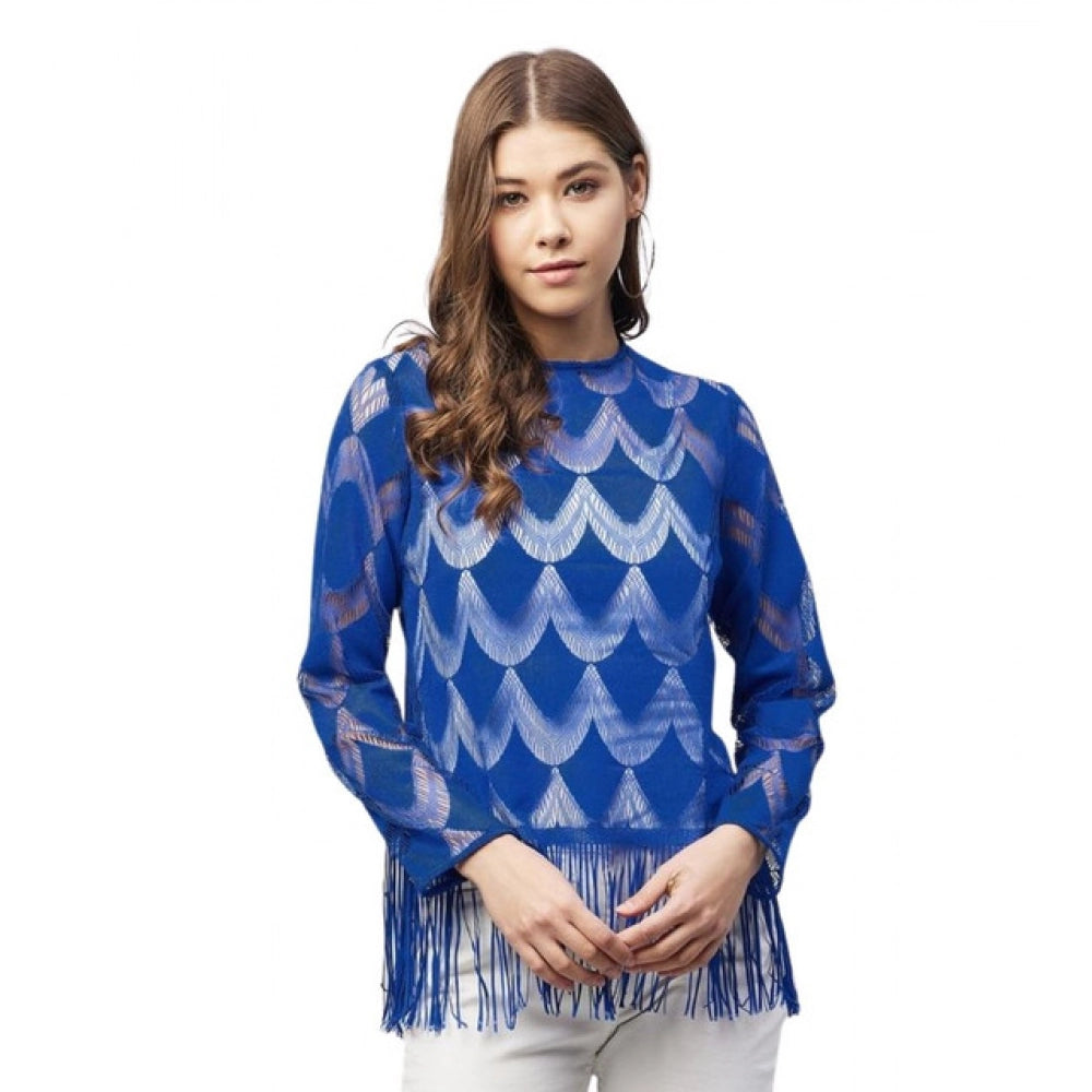 Women's Lace Self-Design Long Sleeve Top – Blue