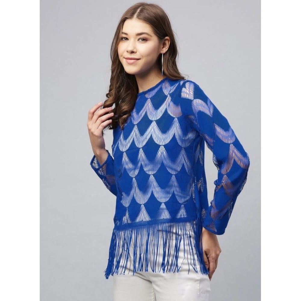 Women's Lace Self-Design Long Sleeve Top – Blue