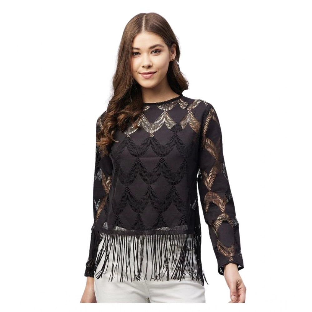 Women's Lace Self Design Short Sleeve Top – Black | Elegant Casual Regular Fit Top