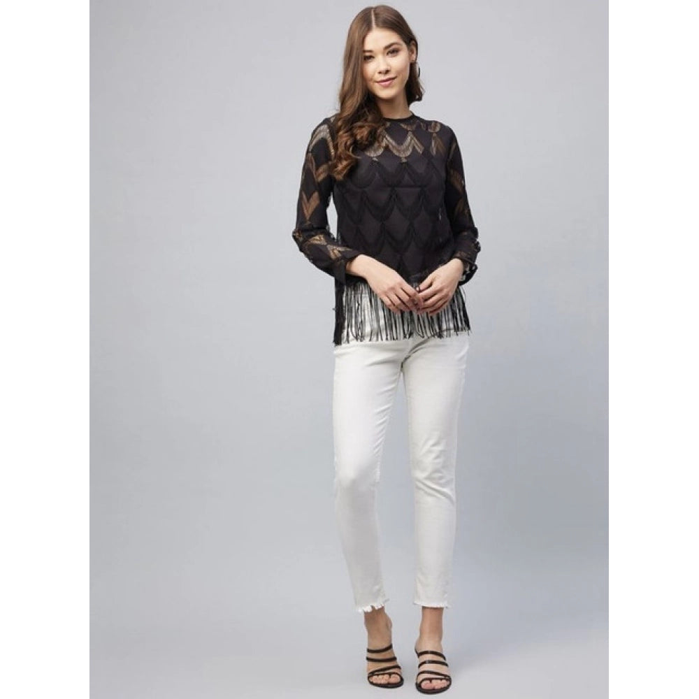 Women's Lace Self Design Short Sleeve Top – Black | Elegant Casual Regular Fit Top