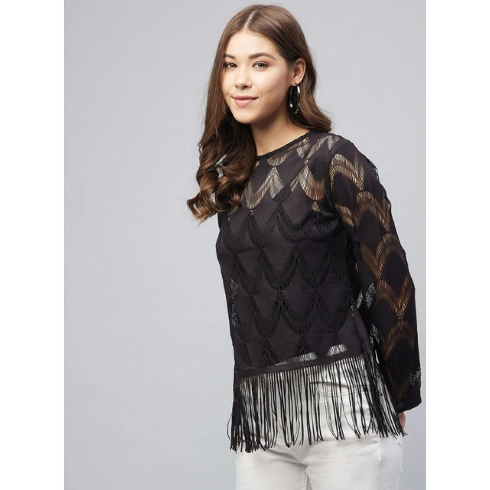 Women's Lace Self Design Short Sleeve Top – Black | Elegant Casual Regular Fit Top