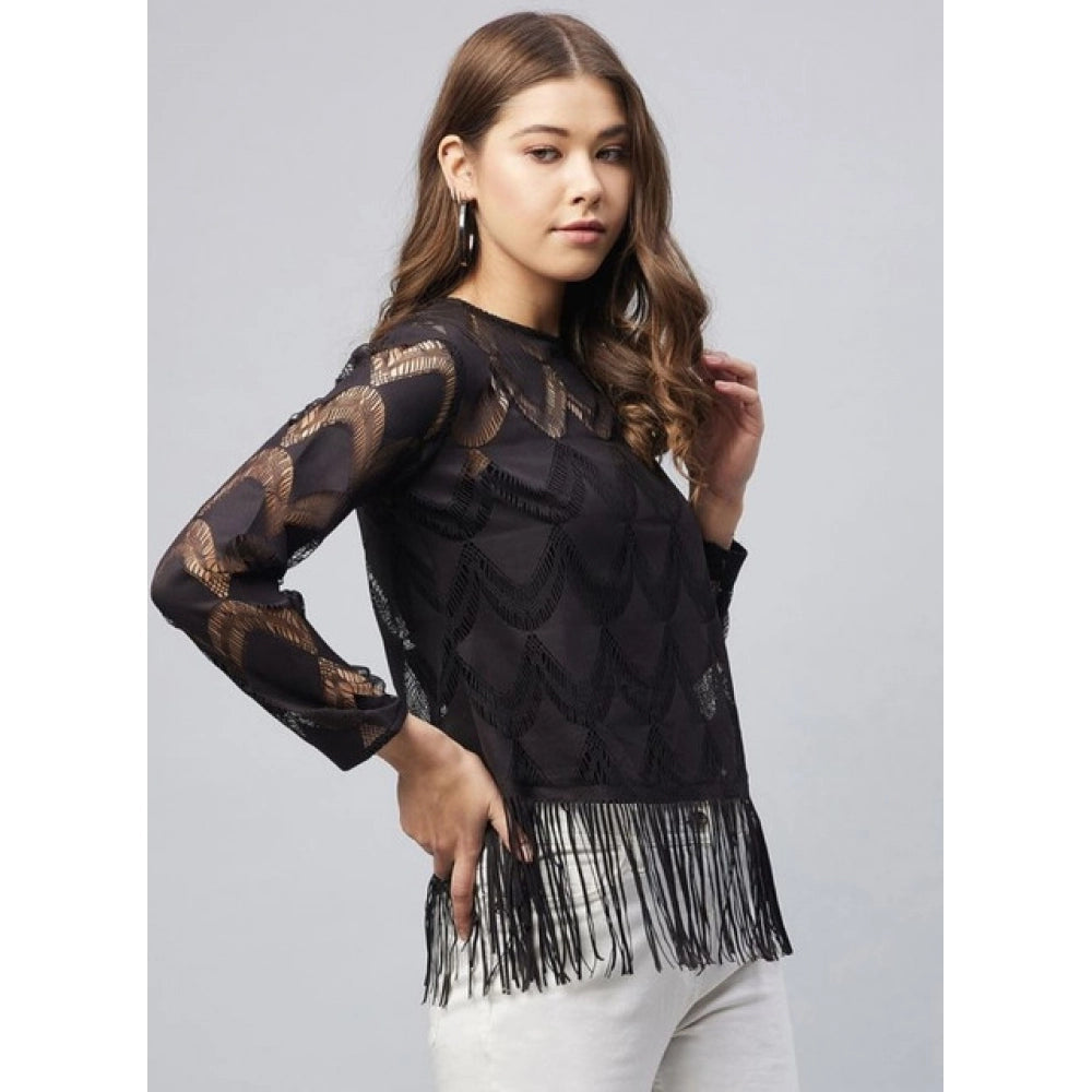 Women's Lace Self Design Short Sleeve Top – Black | Elegant Casual Regular Fit Top