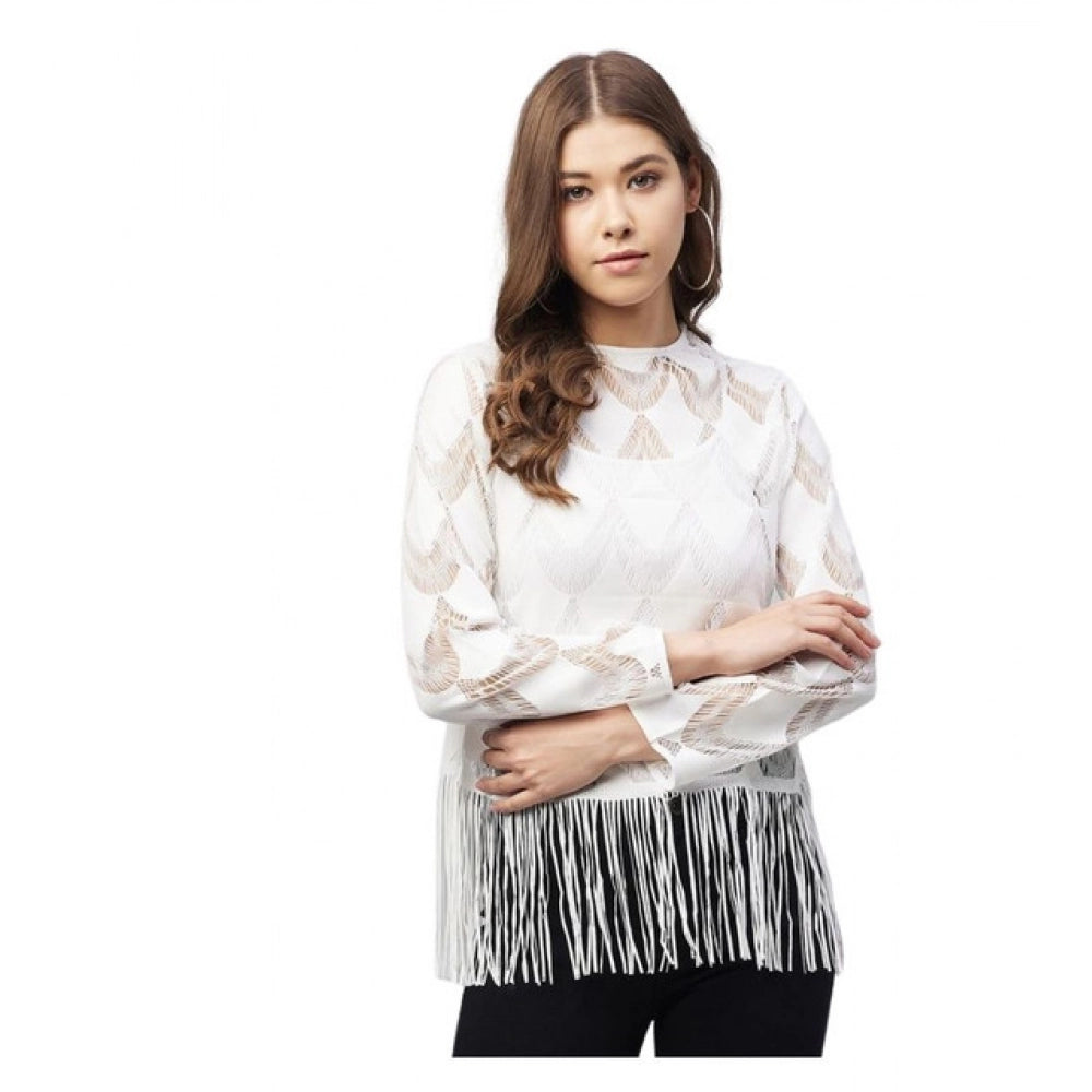 Women's Lace Self Design Short Sleeve Top – White | Elegant Casual Regular Fit Top