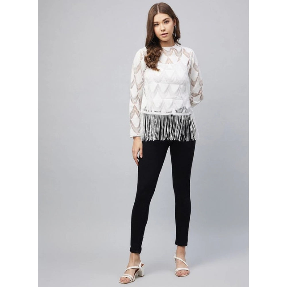Women's Lace Self Design Short Sleeve Top – White | Elegant Casual Regular Fit Top