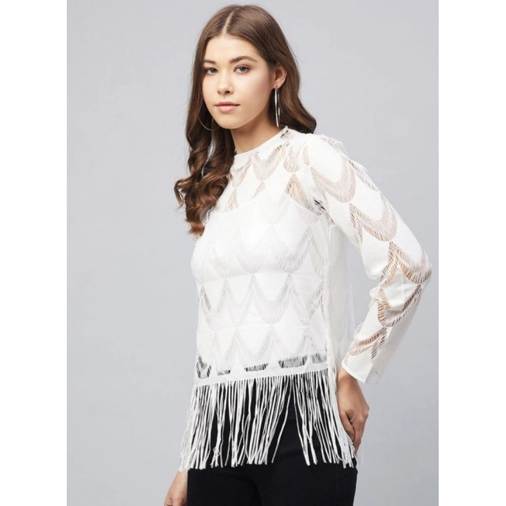 Women's Lace Self Design Short Sleeve Top – White | Elegant Casual Regular Fit Top