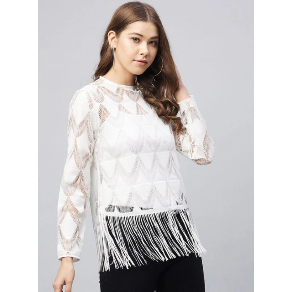 Women's Lace Self Design Short Sleeve Top – White | Elegant Casual Regular Fit Top