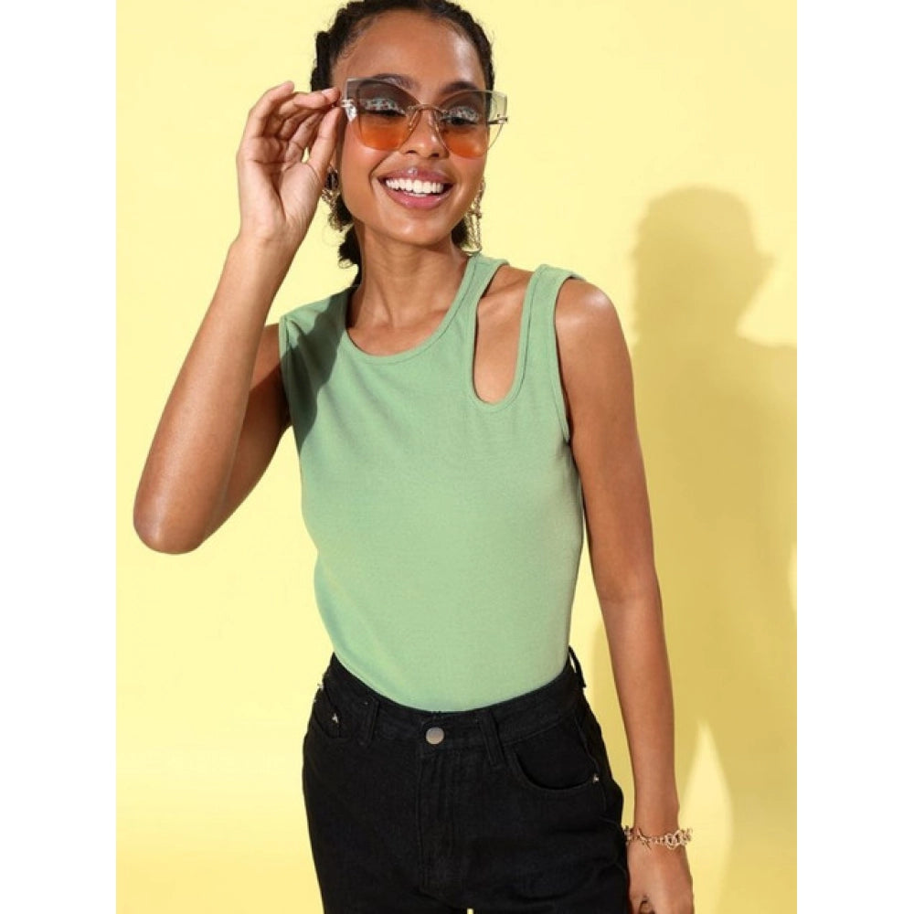 Women's Polyester Lycra Solid Sleeveless Top – Green | Stretchable Casual Regular Fit Top