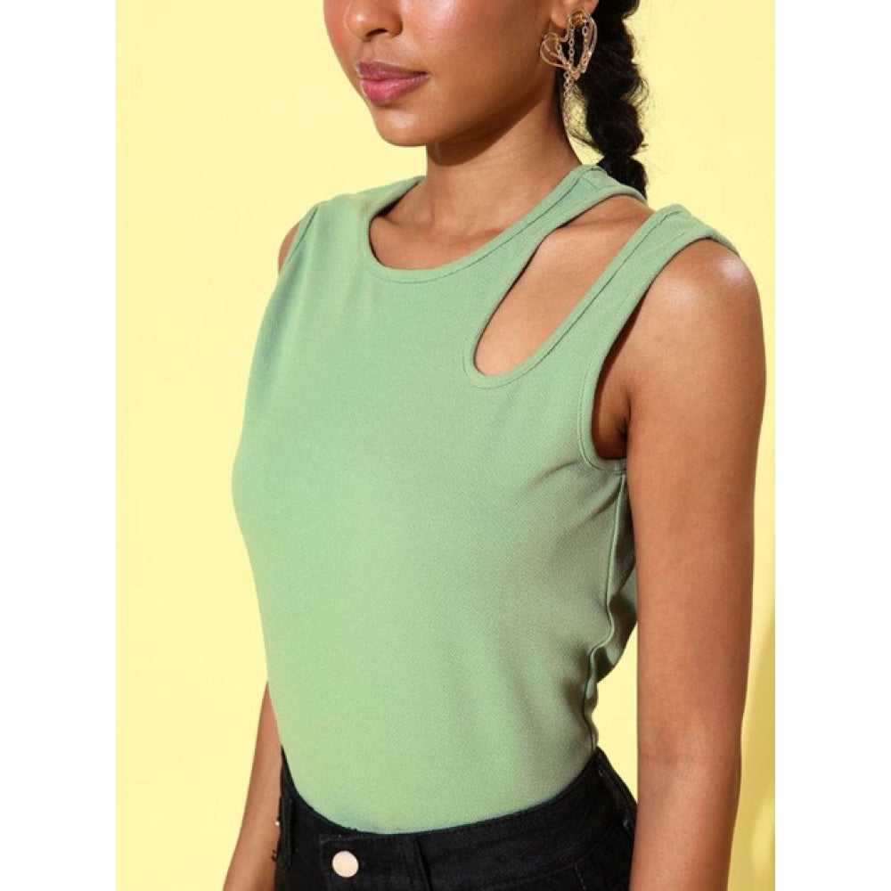 Women's Polyester Lycra Solid Sleeveless Top – Green | Stretchable Casual Regular Fit Top