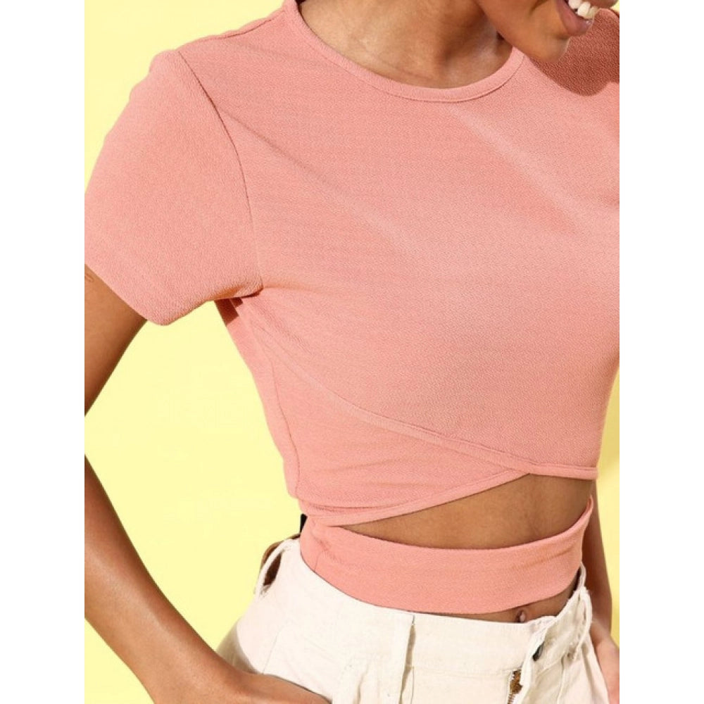 Women's Polyester Lycra Solid Cut-Out Crop Top | Short Sleeve Stretchable Casual Top (Peach Pink)