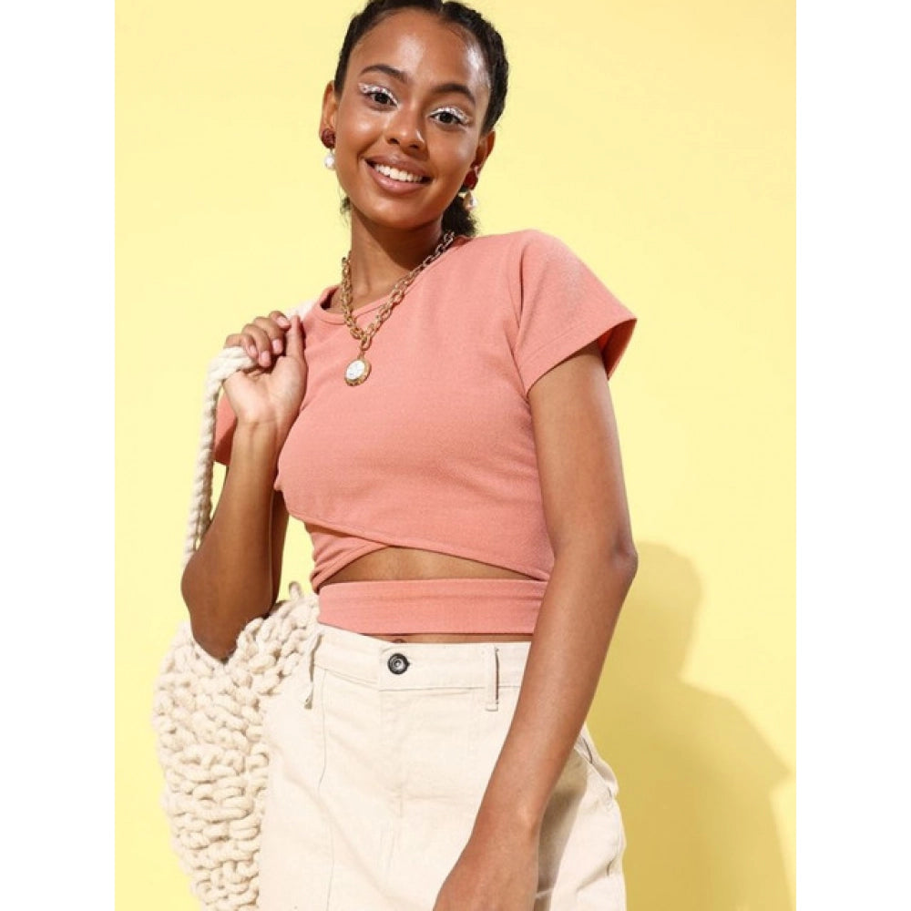 Women's Polyester Lycra Solid Cut-Out Crop Top | Short Sleeve Stretchable Casual Top (Peach Pink)