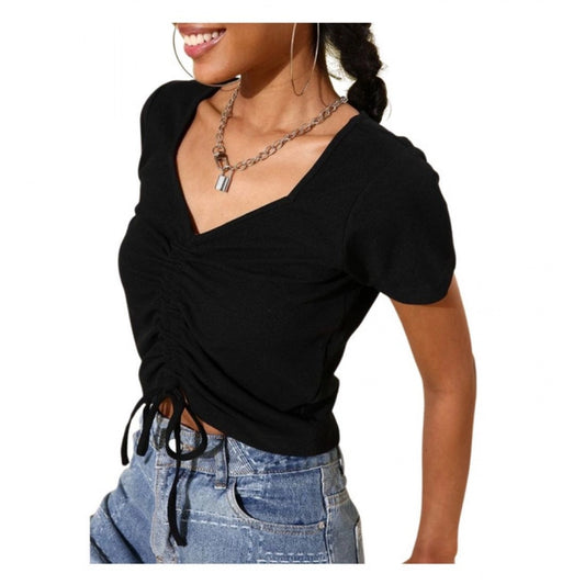 Women's Polyester Lycra Solid Short Sleeve Casual Top – Black | Soft Stretch Regular Fit