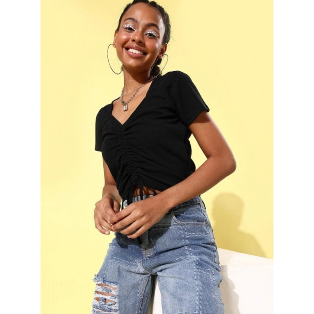 Women's Polyester Lycra Solid Short Sleeve Casual Top – Black | Soft Stretch Regular Fit