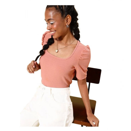 Women's Polyester Lycra Solid Short Sleeve Casual Top – Pink | Soft Stretch Regular Fit