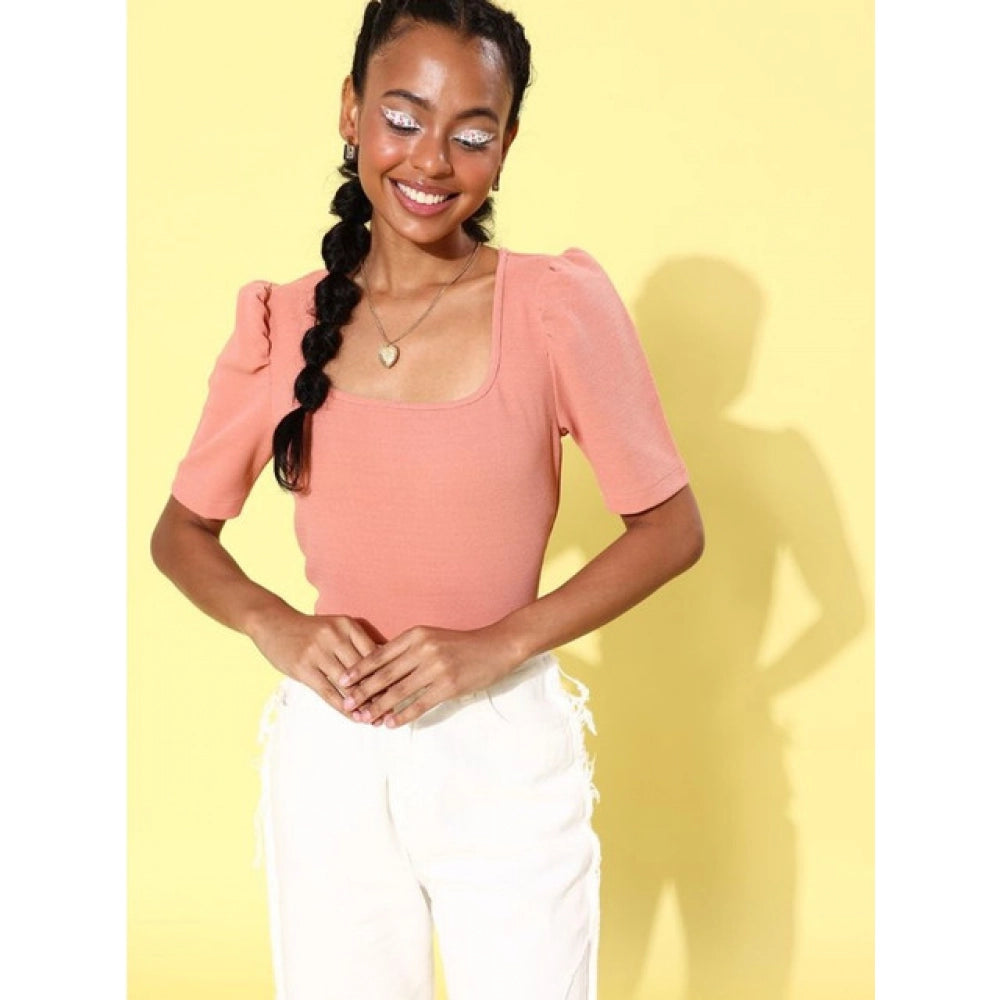 Women's Polyester Lycra Solid Short Sleeve Casual Top – Pink | Soft Stretch Regular Fit