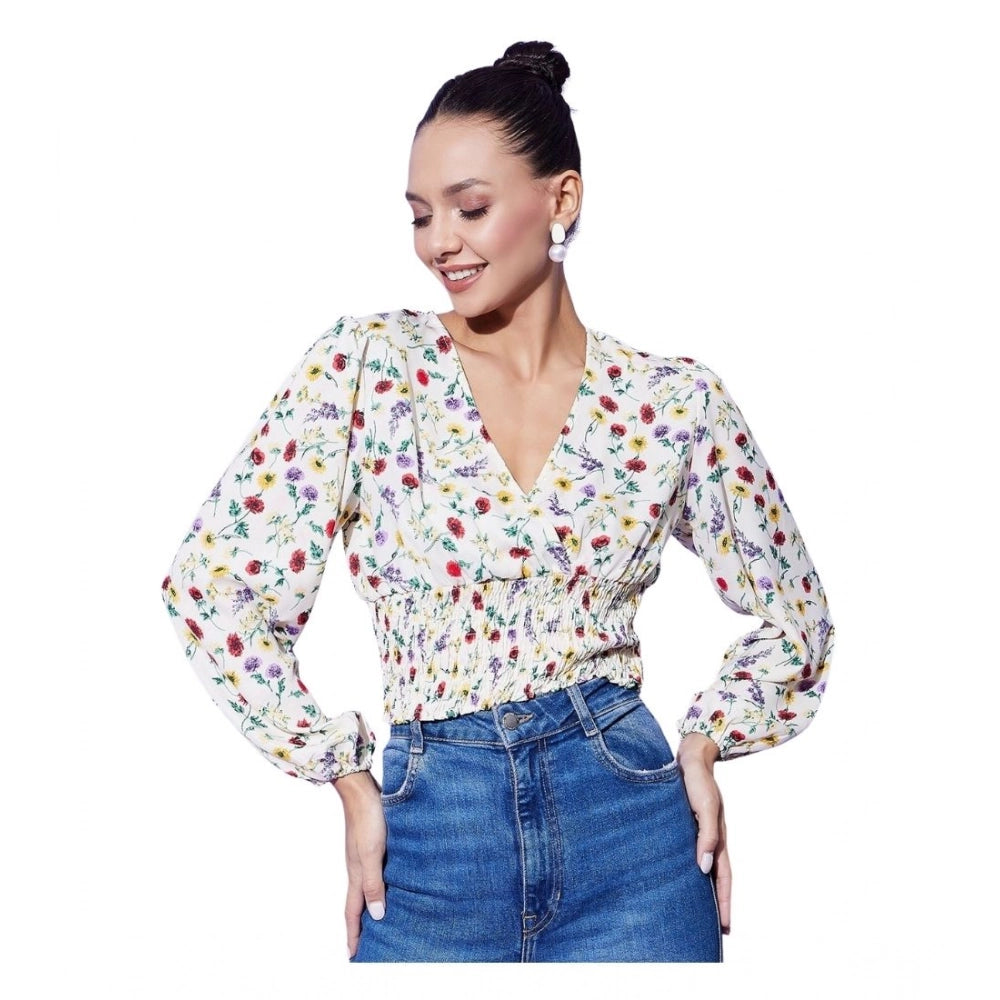 Women's Polyester Floral Print Full Sleeve Casual Top – Multicolor