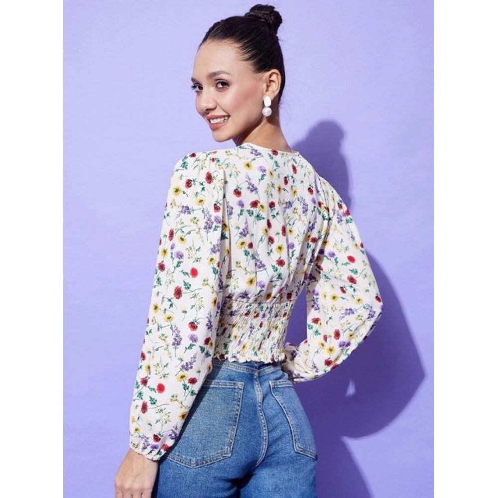 Women's Polyester Floral Print Full Sleeve Casual Top – Multicolor