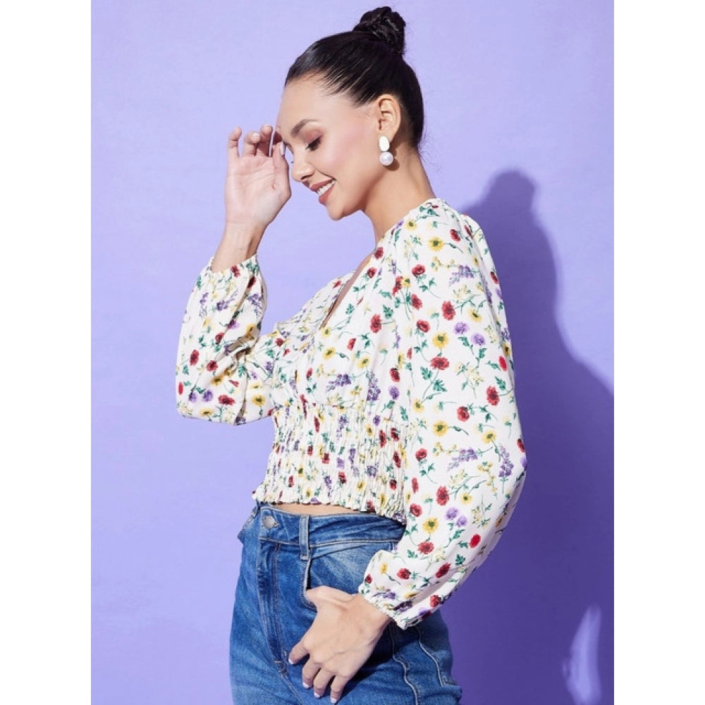 Women's Polyester Floral Print Full Sleeve Casual Top – Multicolor