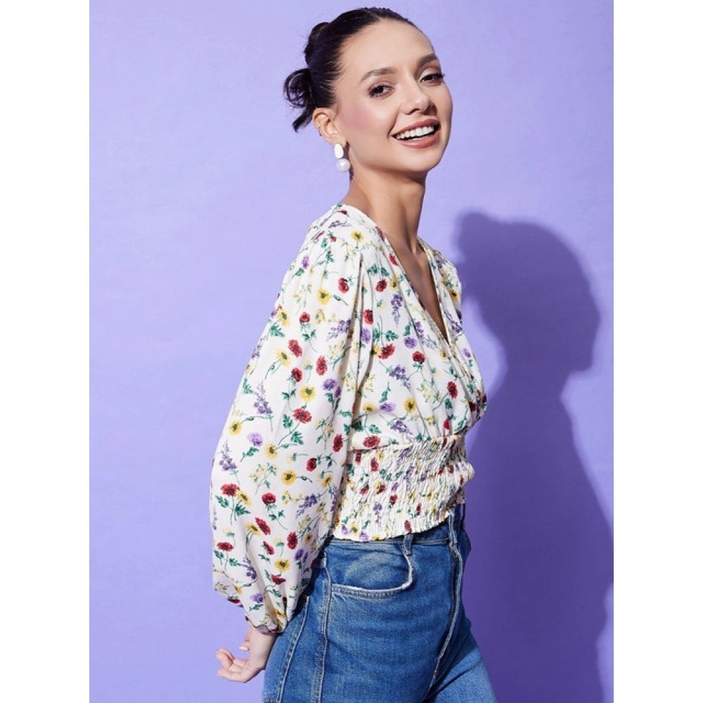 Women's Polyester Floral Print Full Sleeve Casual Top – Multicolor