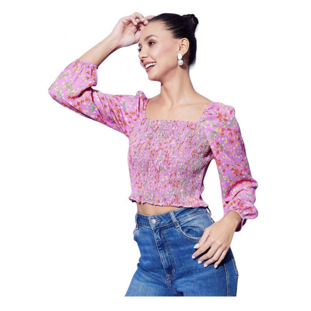 Women's Polyester Floral Print Full Sleeve Casual Top – Multicolor