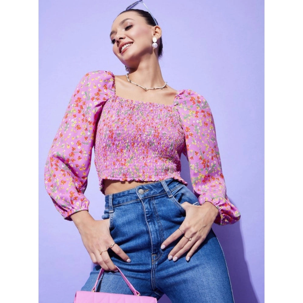 Women's Polyester Floral Print Full Sleeve Casual Top – Multicolor