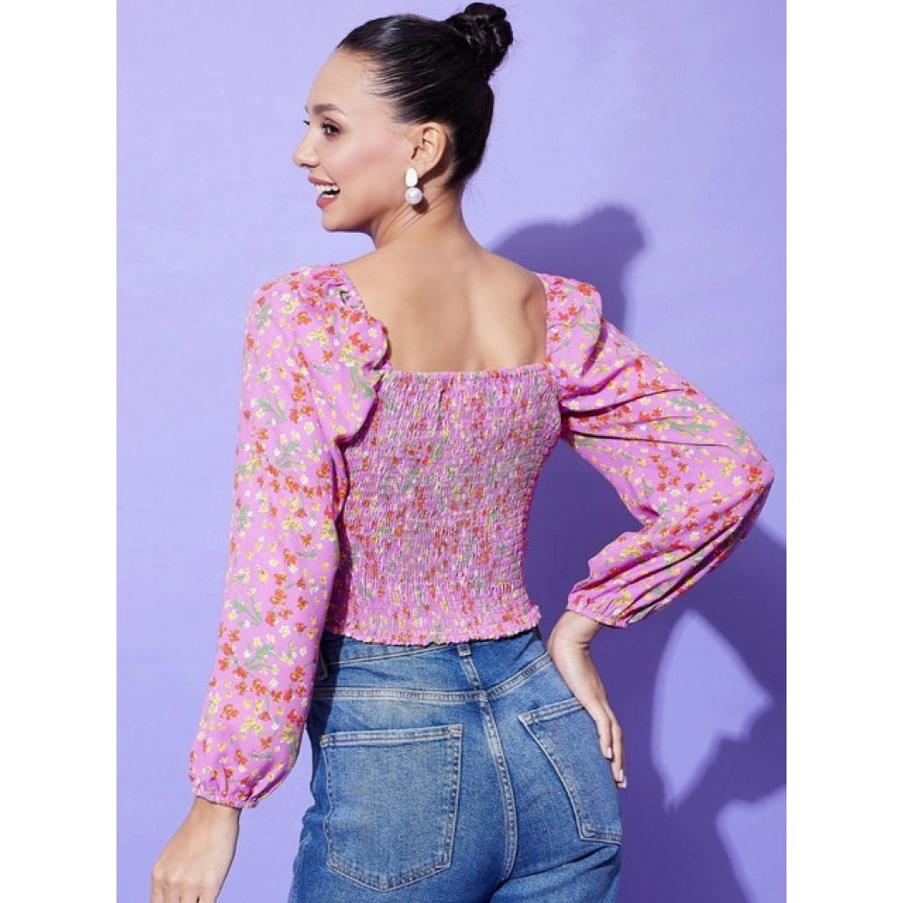 Women's Polyester Floral Print Full Sleeve Casual Top – Multicolor