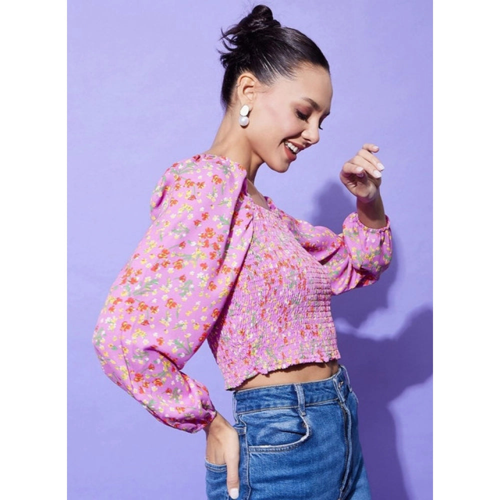 Women's Polyester Floral Print Full Sleeve Casual Top – Multicolor