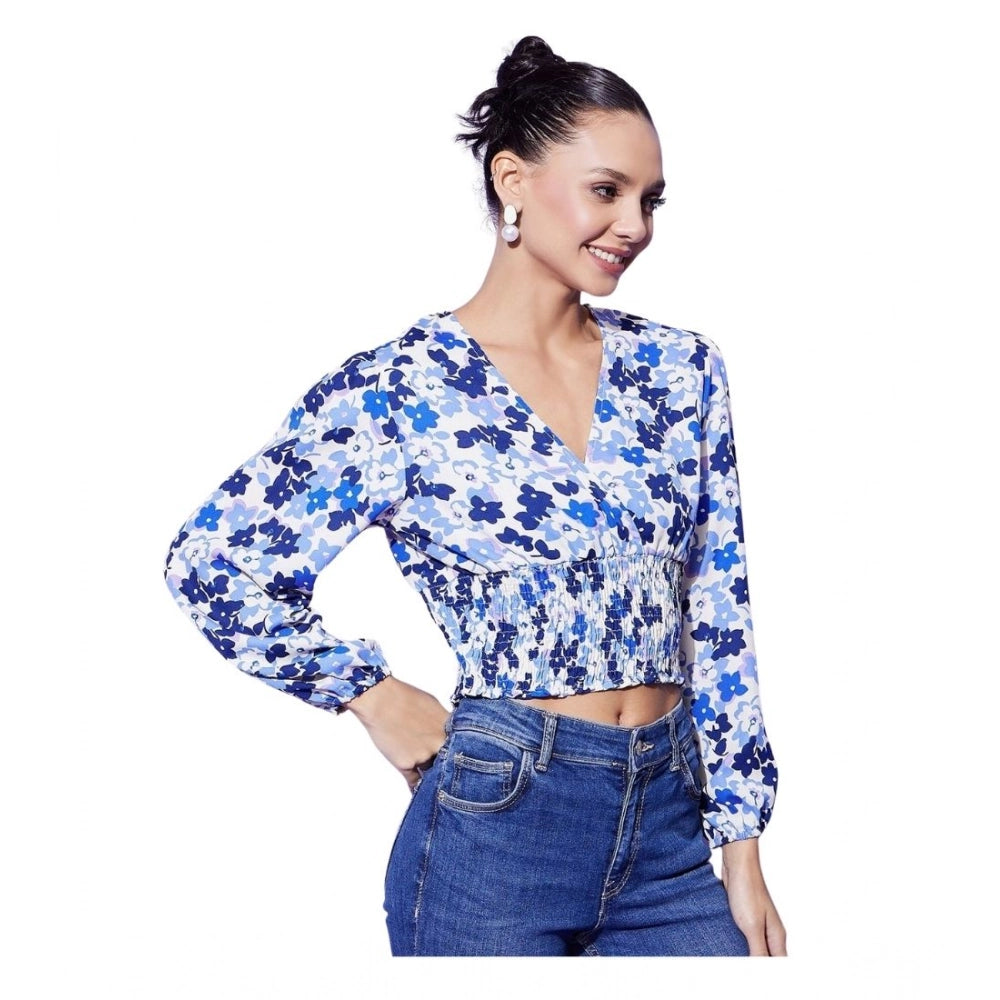 Women’s Blue Floral Polyester Long Sleeve Top