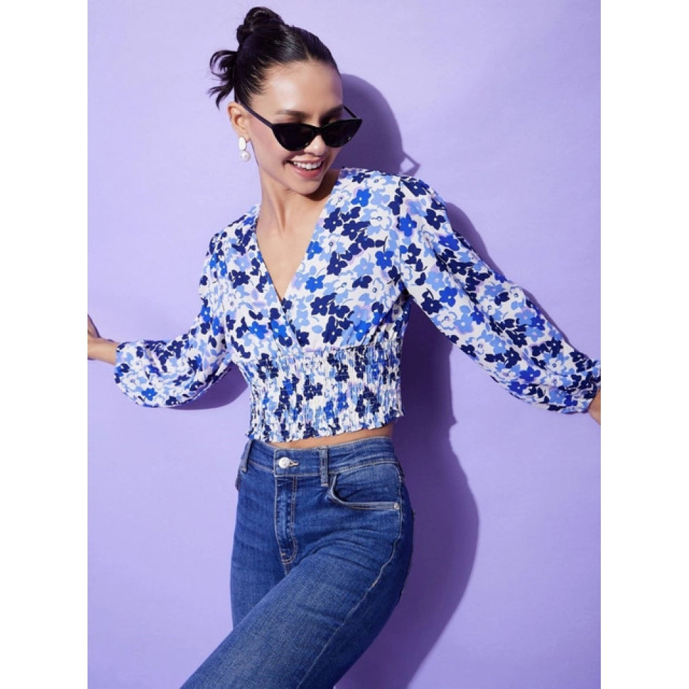 Women’s Blue Floral Polyester Long Sleeve Top