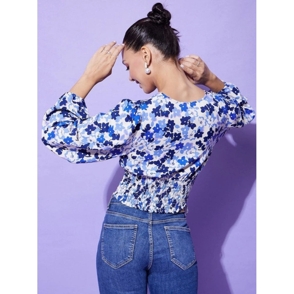 Women’s Blue Floral Polyester Long Sleeve Top