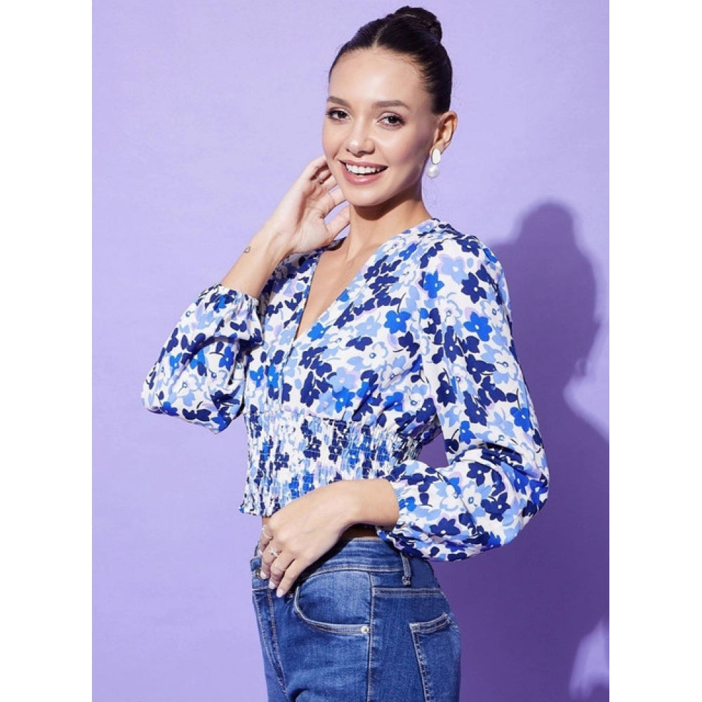 Women’s Blue Floral Polyester Long Sleeve Top