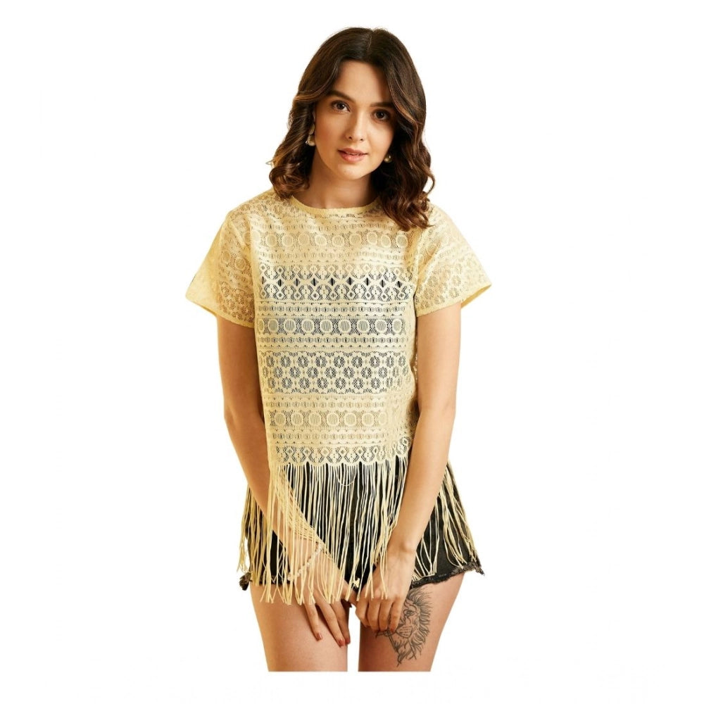 Women’s Yellow Polyester Lace Self-Design Short Sleeve Top – Round Neck Hip-Length Top