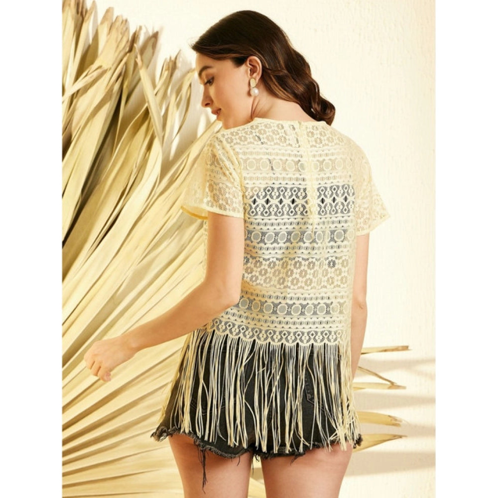 Women’s Yellow Polyester Lace Self-Design Short Sleeve Top – Round Neck Hip-Length Top