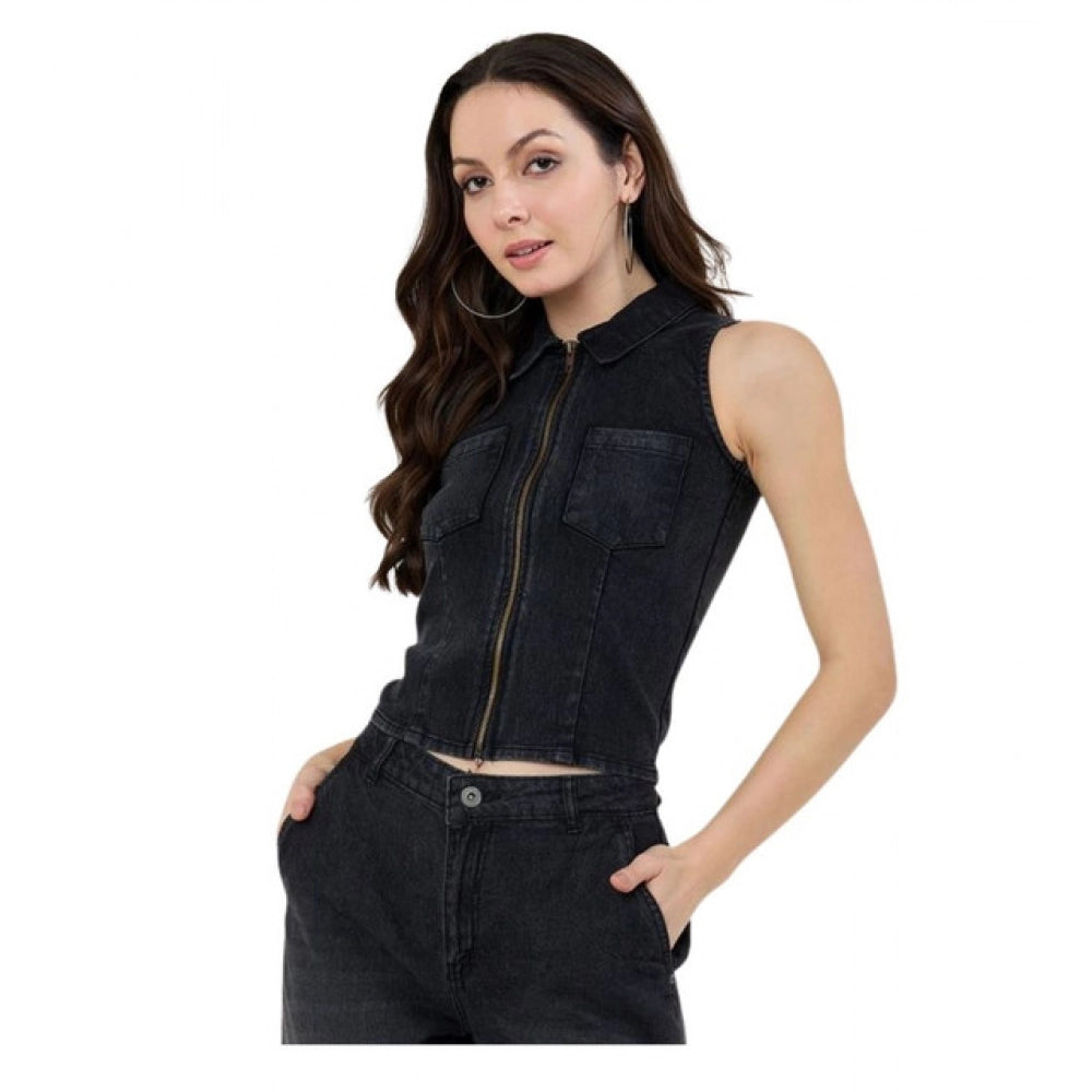 Women’s Black Denim Lycra Sleeveless Top