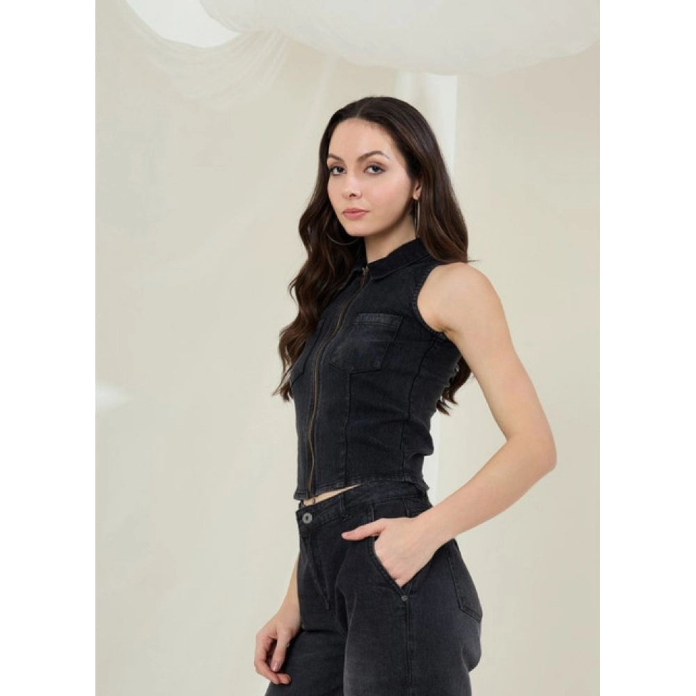 Women’s Black Denim Lycra Sleeveless Top